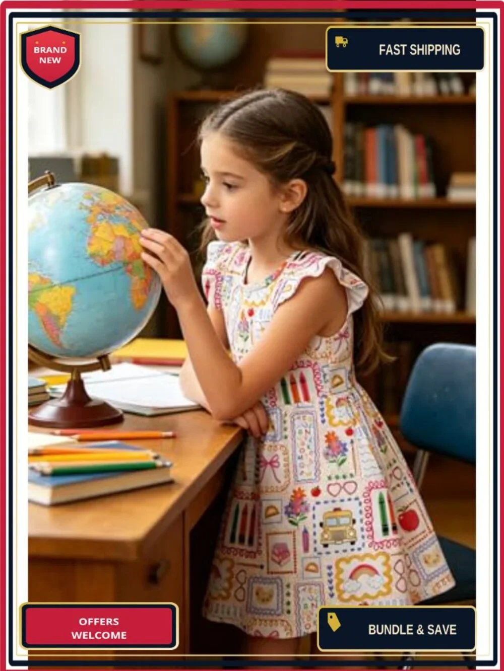 Ruffle Sleeve A-Line Dress for Girls, School Outfit, 95% Polyester 5% Spandex,
